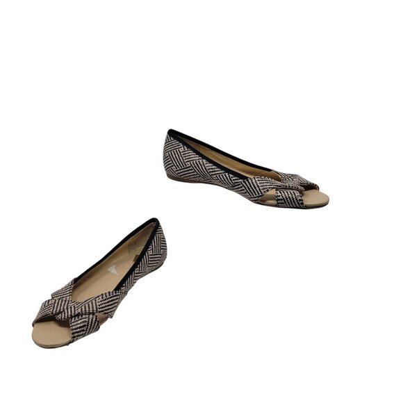Report Vegan Geranium Herringbone Bow Peep-Toe Flats Sz 6 Beige Black Twee - Picture 7 of 11